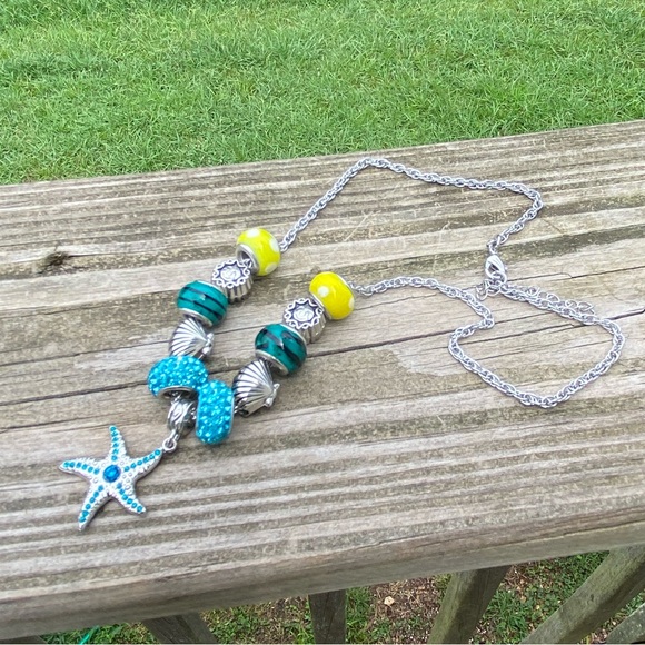 Starfish Summer crystal charm bead necklace sea shell Sun beads blue yellow - Picture 1 of 6